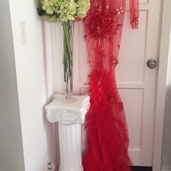 NEW! RED ANGEL DRESS HAND BEADED REAL FEATHER GOWN - Picture 10 of 15